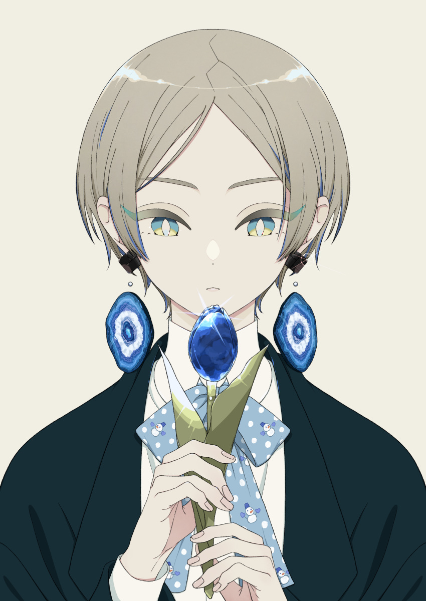 1girl absurdres aqua_neckwear blue_eyes blue_flower blue_menouu collared_shirt earrings flower geode highres holding holding_flower jewelry leaf long_sleeves original polka_dot print_neckwear shirt short_hair simple_background snowman_print solo tan_background tulip upper_body white_shirt