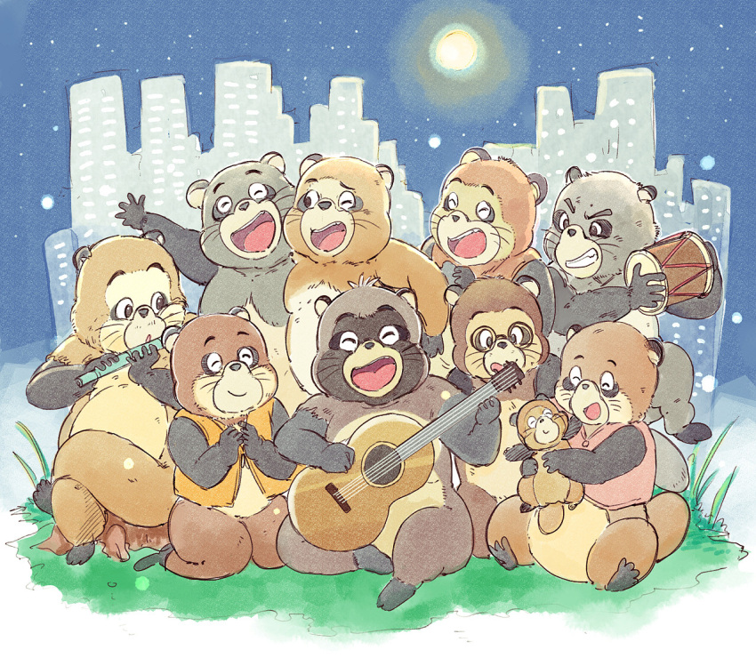 animal city crossed_legs drum flute grass guitar happy heisei_tanuki_gassen_ponpoko holding hug instrument moon music night no_humans open_mouth simple_background singing sitting tanuki tsubobot vest