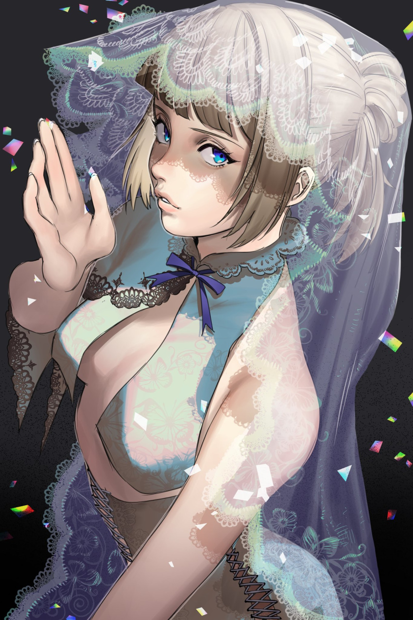 1girl alternate_hair_color alternate_hair_length alternate_hairstyle bangs blue_eyes blunt_bangs breast_curtains breasts bridal_veil brown_hair commentary confetti crop_top emilie_de_rochefort english_commentary eyeliner fingernails hair_bun hanny_(uirusu_chan) highres lili_(tekken) lips looking_at_viewer makeup namco nose official_alternate_costume revealing_clothes short_ponytail small_breasts solo tekken updo veil