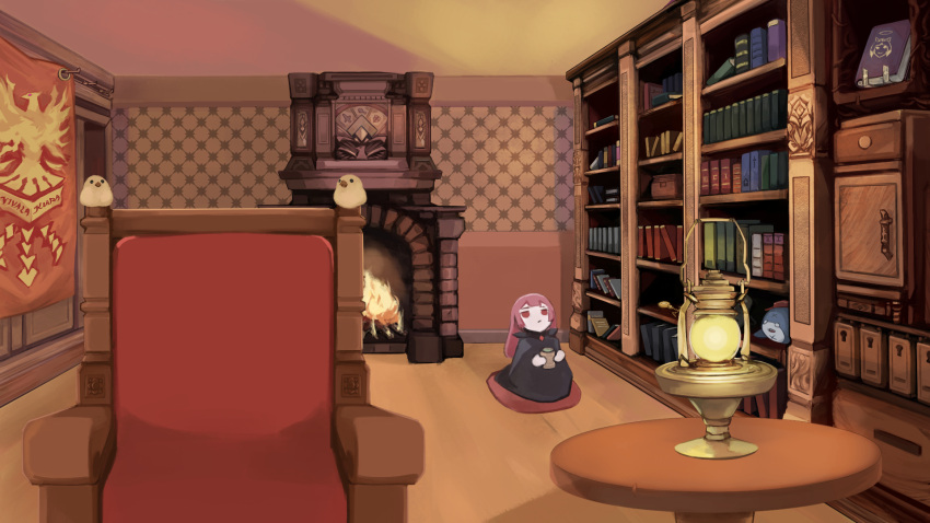 bloop_(gawr_gura) book bookshelf chair english_commentary fire fireplace highres hololive hololive_english lamp mori_calliope ninomae_ina'nis no_humans official_art pocket_watch scenery stuffed_toy tapestry tunnarata virtual_youtuber watch
