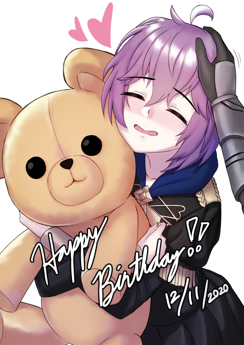 1boy 1girl absurdres ahoge bernadetta_von_varley birthday byleth_(fire_emblem) byleth_eisner_(male) closed_eyes dated english_text eyebrows_visible_through_hair fire_emblem fire_emblem:_three_houses garreg_mach_monastery_uniform gupunetsu heart highres object_hug open_mouth petting purple_hair short_hair simple_background solo_focus stuffed_animal stuffed_toy teddy_bear