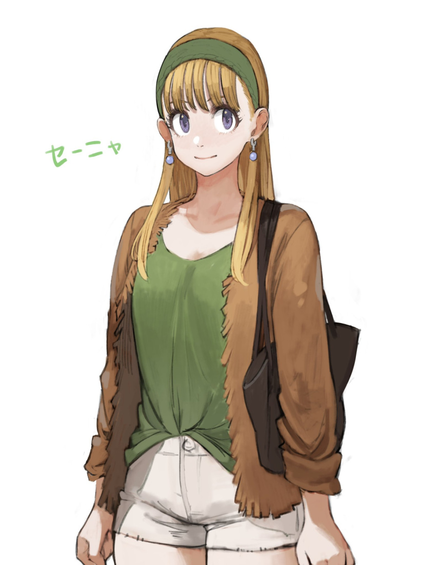 1girl alternate_costume bag bangs blonde_hair brown_cardigan cardigan character_name collarbone cowboy_shot dragon_quest dragon_quest_xi earrings flat_chest green_shirt handbag highres jewelry jun_(seojh1029) long_hair looking_at_viewer senya_(dq11) shirt shirt_tucked_in short_shorts shorts simple_background sketch smile solo standing violet_eyes white_background