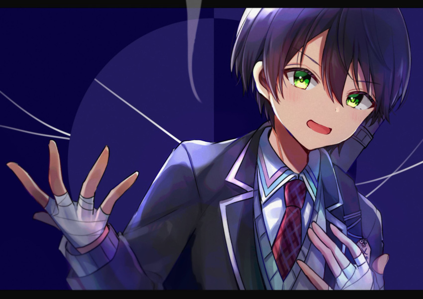 1boy bandaged_hands bandages black_jacket blazer collared_shirt grey_sweater highres jacket kenmochi_touya letterboxed long_sleeves looking_at_viewer male_focus minami_saki necktie nijisanji open_blazer open_clothes open_jacket plaid_neckwear red_neckwear shirt sleeves_past_wrists solo sweater upper_body virtual_youtuber white_shirt