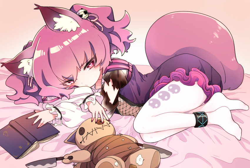 1919_decoy 1girl animal_ear_fluff animal_ears arknights bangs bed bed_sheet book burnt_clothes crop_top eyebrows_visible_through_hair fox_ears fox_girl fox_tail hair_ornament heart heart-shaped_pupils highres knife long_sleeves looking_at_viewer lying midriff on_bed on_side pantyhose print_legwear purple_hair purple_nails purple_vest shamare_(arknights) shirt short_hair skull_print solo stuffed_toy stuffed_wolf symbol-shaped_pupils tail twintails vest violet_eyes white_legwear white_shirt