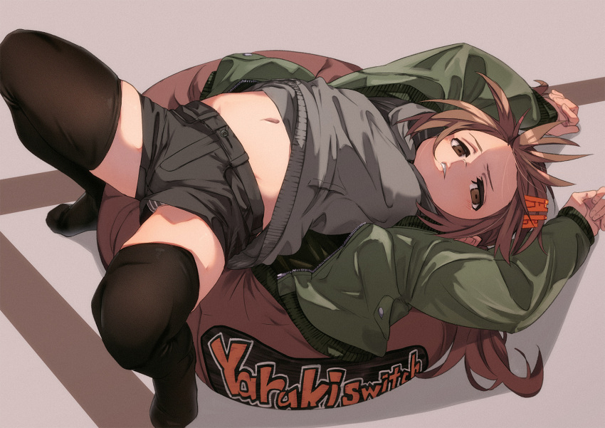 black_legwear breasts brown_eyes brown_hair feet fu-ta hair_ornament hairclip highres lips long_hair looking_at_viewer lying no_shoes open_mouth original panties panty_peek pantyshot shadow short_shorts shorts small_breasts solo striped striped_panties teeth thigh-highs underwear usami_taiga