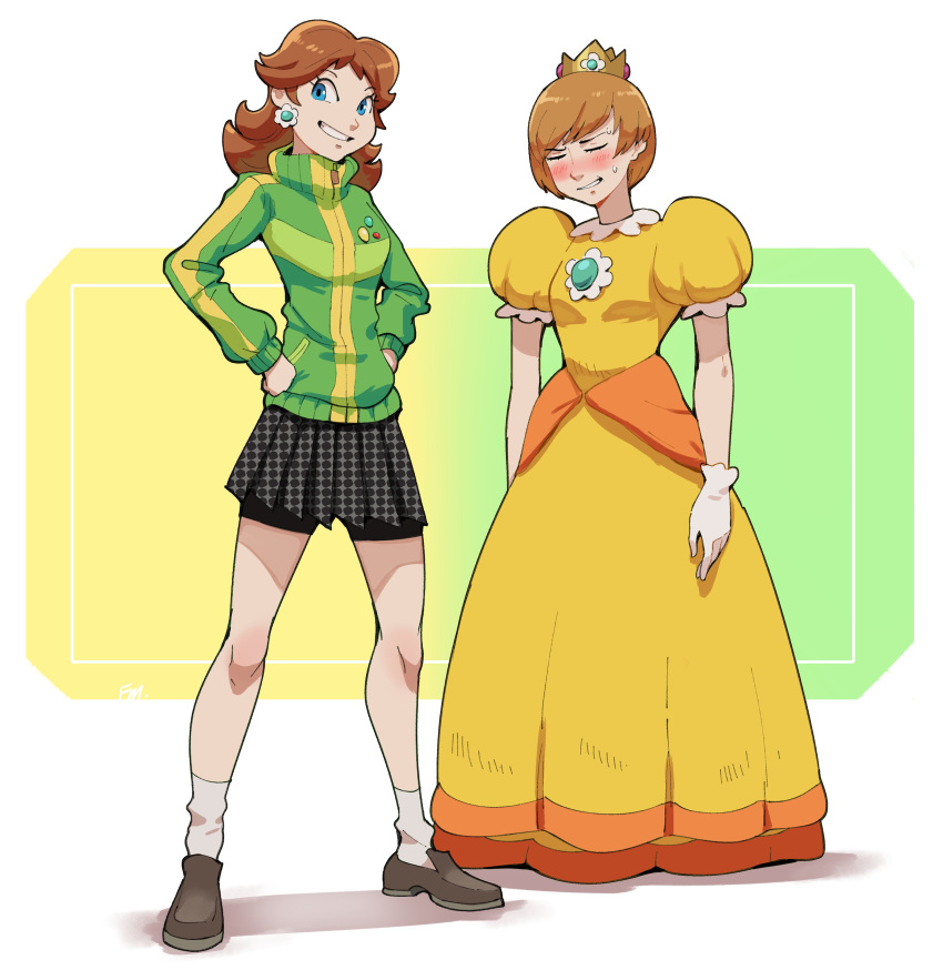 2girls absurdres bike_shorts blue_eyes blush brown_hair closed_eyes commentary cosplay costume_switch crown dress earrings english_commentary flower_earrings francisco_mon gloves green_jacket grin highres jacket jewelry light_brown_hair long_dress long_hair multiple_girls persona persona_4 pleated_skirt princess_daisy princess_daisy_(cosplay) satonaka_chie satonaka_chie_(cosplay) shoes short_hair skirt smile socks super_mario_bros. sweatdrop white_gloves yellow_dress