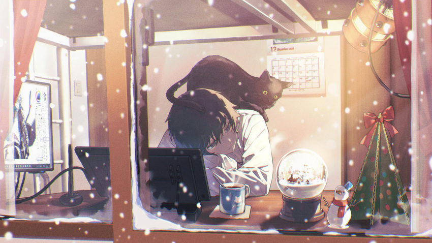 1boy animal_on_shoulder black_cat black_eyes black_hair calendar_(object) cat cat_on_shoulder crossed_arms cup drawing_tablet highres hunched_over light_oooo looking_to_the_side monitor mug original snow_globe snowing snowman solo yellow_eyes