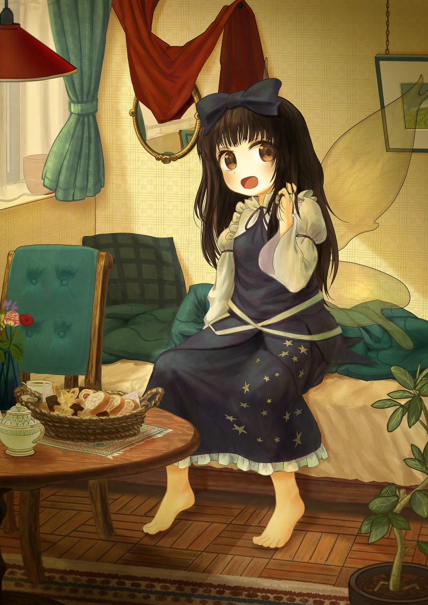 1girl absurdres barefoot basket bed black_hair black_neckwear black_ribbon blanket blush brown_hair carpet chair chandelier commentary_request cookie cup cushion ekaapetto fairy fairy_wings flower food hair_tousle hand_in_hair hand_up highres indoors juliet_sleeves lamp long_sleeves looking_at_viewer macaron mirror neck_ribbon on_bed open_mouth pastry picture_(object) plant potted_plant puffy_sleeves purple_flower red_flower reflection ribbon sitting sitting_on_bed solo star_(symbol) star_print star_sapphire table tea teapot touhou wallpaper_(object) white_ribbon wide_sleeves window wings wooden_floor