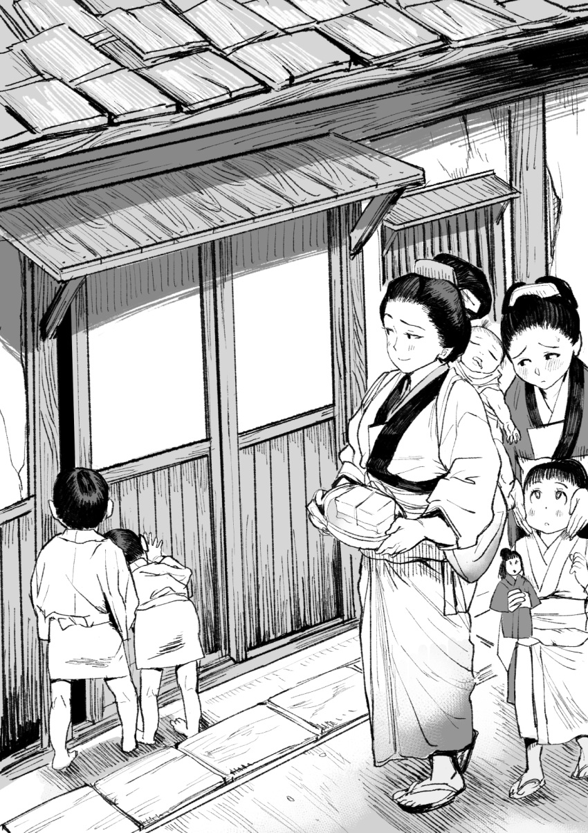 3girls ambiguous_gender baby blush child covering_ears doll drooling from_behind gesogeso greyscale highres holding japanese_clothes kimono long_hair looking_down monochrome multiple_girls original peeping saliva sliding_doors smile sweat