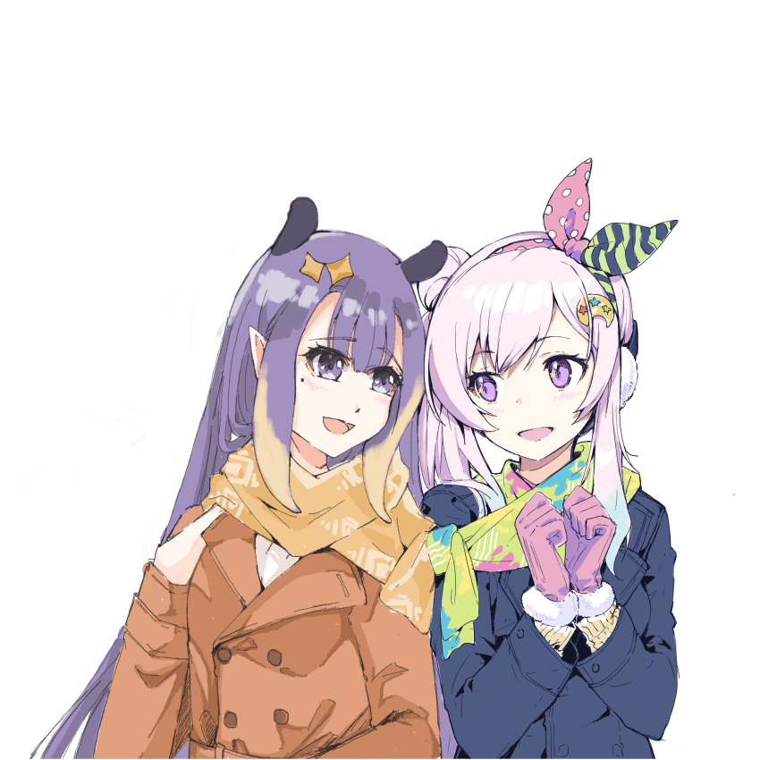 2girls :d airani_iofifteen airani_iofifteen_(artist) alternate_costume blush coat earmuffs english_commentary eyebrows_visible_through_hair fur-trimmed_gloves fur_trim gloves hair_bun hair_ornament hair_ribbon highres hololive hololive_english hololive_indonesia long_hair long_sleeves looking_at_another mole mole_under_eye multiple_girls ninomae_ina'nis ninomae_ina'nis_(artist) open_mouth pink_gloves pink_hair purple_hair ribbon scarf simple_background smile tentacle_hair upper_body violet_eyes virtual_youtuber white_background