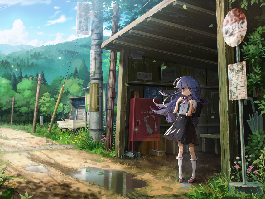 1girl backpack bag bangs bare_arms bench bow bowtie chromatic_aberration commentary film_grain frilled_legwear furude_rika highres higurashi_no_naku_koro_ni holding holding_bag kneehighs lamppost long_hair looking_at_viewer mary_janes mountainous_horizon nshi00 outdoors pine_tree pink_neckwear puddle purple_hair randoseru red_footwear scenery shirt shoes short_sleeves skirt solo suspender_skirt suspenders tagme tree umbrella utility_pole violet_eyes white_legwear white_shirt wind wind_lift