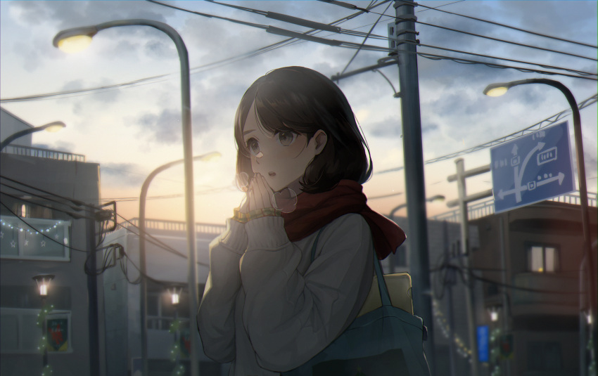 1girl absurdres bag bangs breathing_on_hands brown_hair building city clouds cold commentary_request grey_sweater highres huge_filesize lamppost original outdoors parted_bangs power_lines railing road_sign scarf school_bag school_uniform sign sky solo sun sunrise sweater tree upper_body utaka_(anyoanyot) utility_pole window