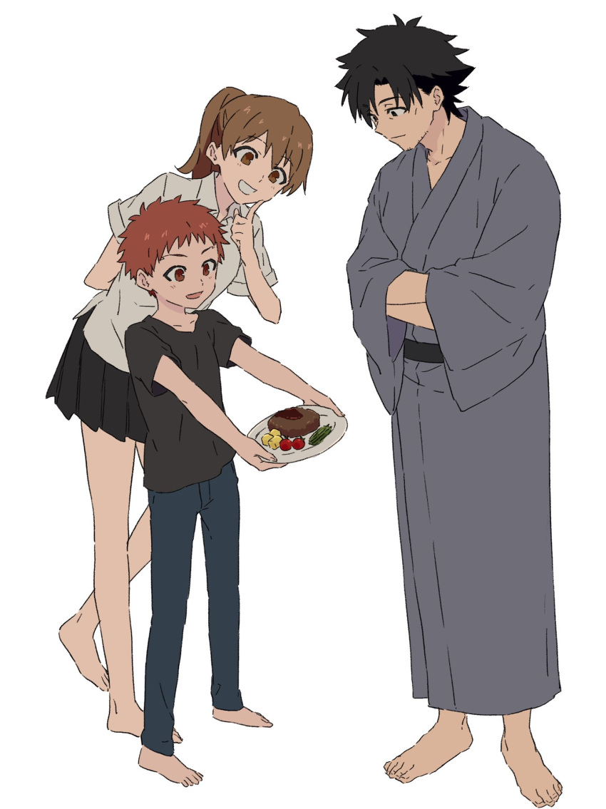 1girl 2boys :d arm_behind_back bangs barefoot black_eyes black_hair black_skirt blue_pants blush brown_eyes brown_hair child closed_mouth collared_shirt commentary_request denim emiya_kiritsugu emiya_shirou fate/stay_night fate_(series) finger_to_cheek food fujimura_taiga full_body hamburger_steak hands_in_opposite_sleeves highres holding holding_plate invisible_floor japanese_clothes kimono leaning_forward long_sleeves looking_at_another miniskirt multiple_boys open_collar open_mouth orange_eyes orange_hair pants plate pleated_skirt ponytail school_uniform shirt short_hair short_ponytail short_sleeves simple_background skirt smile standing t-shirt teruya_(6w6y) white_background white_shirt wide_sleeves wing_collar younger