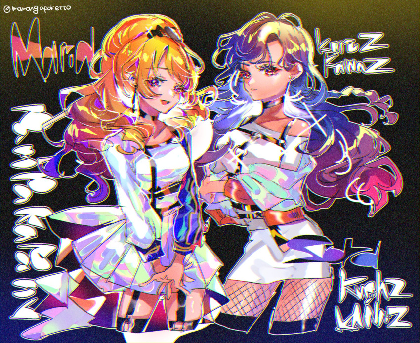 2girls bangs black_background black_choker blonde_hair blue_hair braid breasts character_request choker chromatic_aberration copyright_request cropped_legs earrings fishnets gradient_hair hair_behind_ear hands_together highres jewelry looking_at_viewer medium_breasts momongapoketto multicolored_hair multiple_girls parted_lips pink_hair red_eyes skirt small_breasts smile thigh-highs violet_eyes white_skirt
