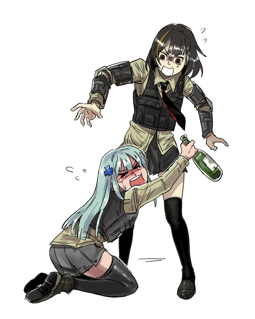 2girls absurdres beer_bottle black_hair blue_hair blush boots bulletproof_vest crying dbeod128 drunk girls_frontline highres hk416_(girls_frontline) leg_hug long_hair m16a1_(girls_frontline) multiple_girls necktie no_eyepatch pleated_skirt short_hair skirt tactical_clothes thigh-highs younger