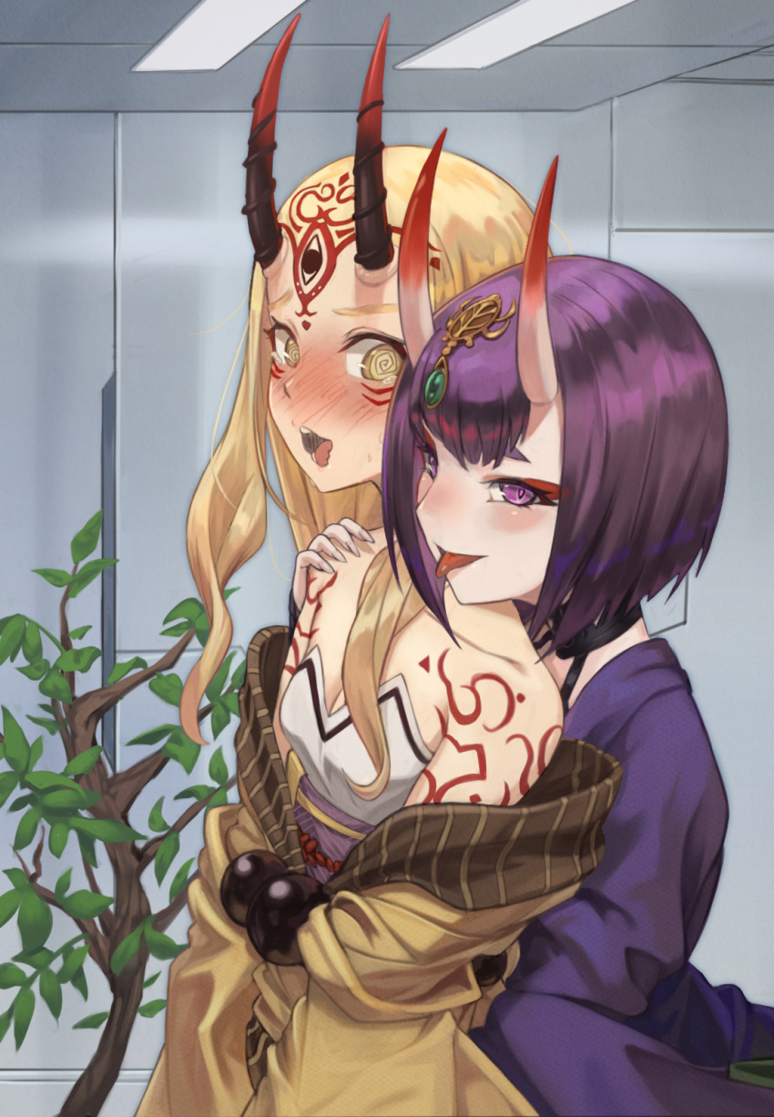 2girls :p @_@ bare_shoulders blonde_hair blush bob_cut collarbone facial_mark fate/grand_order fate_(series) hand_on_another's_shoulder highres horns ibaraki_douji_(fate/grand_order) japanese_clothes kimono long_hair looking_at_another multiple_girls ne.corn oni oni_horns open_mouth purple_hair purple_kimono short_hair shuten_douji_(fate/grand_order) smile tattoo tears tongue tongue_out violet_eyes wavy_mouth yellow_eyes yellow_kimono yuri