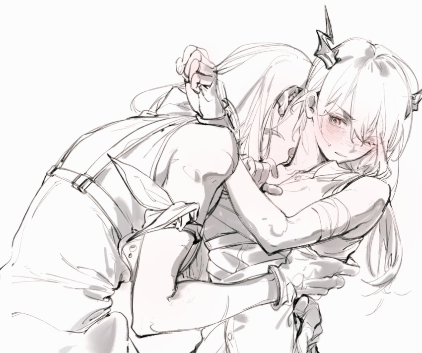 2girls arknights arm_up bangs bare_shoulders blush ch'en_(arknights) dragon_horns embarrassed fingerless_gloves gloves greyscale hair_between_eyes horns hoshiguma_(arknights) kiss long_hair looking_at_another monochrome multiple_girls neck_kiss one_eye_closed open_mouth otammato parted_lips simple_background sleeveless upper_body white_background yuri