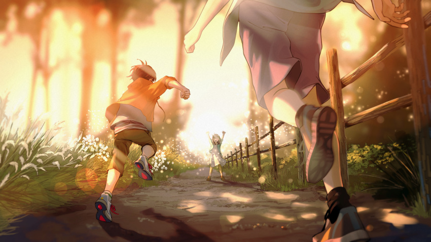 1girl 2boys absurdres blurry blurry_background brown_hair clenched_hand dress fence grass highres huge_filesize jacket long_hair macaronk multiple_boys orange_jacket original outdoors path running scenery shoes sneakers white_dress