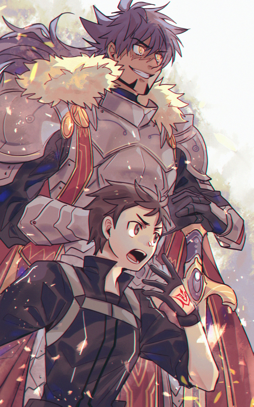 2boys absurdres alternate_costume armor black_gloves black_shirt breastplate brown_eyes brown_hair cape chiyo_(miichiyochin) clenched_teeth commentary_request facial_hair floating_hair fur-trimmed_cape fur_trim gloves highres holding holding_sword holding_weapon leon_(pokemon) long_hair male_focus multiple_boys open_mouth pokemon pokemon_(game) pokemon_swsh purple_hair red_cape shirt short_hair sword teeth tongue victor_(pokemon) weapon yellow_eyes