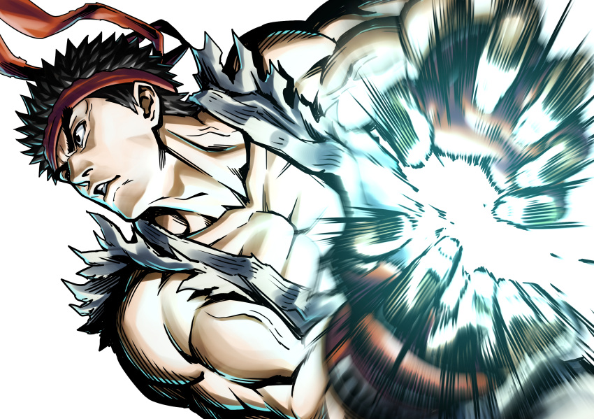 1boy black_hair buru-dai commentary_request dougi fingernails gloves hadouken headband high_contrast highres male_focus motion_blur muscle padded_gloves pectorals powering_up red_gloves red_headband ryu_(street_fighter) short_hair sleeveless solo spiky_hair street_fighter white_background