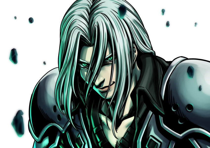 1boy black_shirt buru-dai collared_shirt commentary_request final_fantasy final_fantasy_vii floating_rock glowing glowing_eyes grey_hair high_contrast highres long_hair looking_at_viewer male_focus nose sephiroth shirt shoulder_pads slit_pupils solo white_background