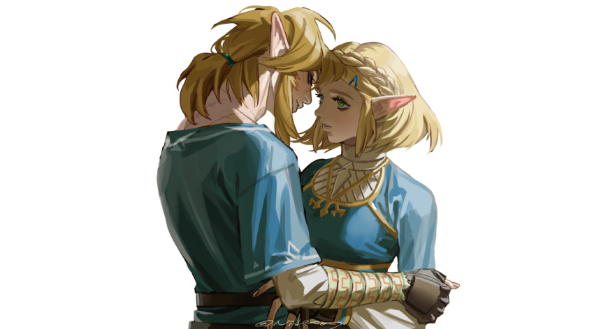 1boy 1girl bangs blonde_hair blue_eyes braid breasts couple earrings elf fingerless_gloves gloves green_eyes hair_ornament hairclip holding imminent_kiss jewelry link long_hair niteo07 open_mouth pointy_ears ponytail princess_zelda short_hair the_legend_of_zelda the_legend_of_zelda:_breath_of_the_wild tunic