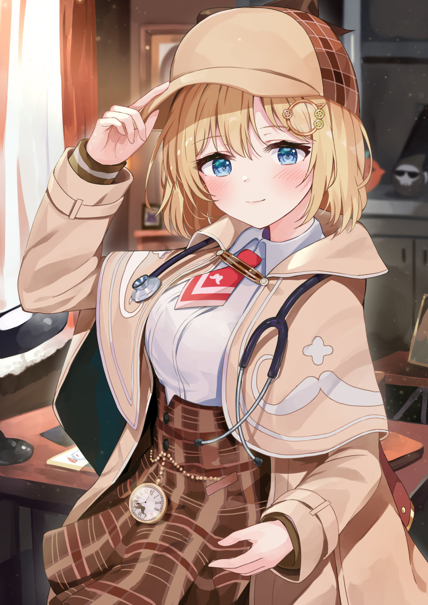 1girl absurdres arm_up bangs blonde_hair blue_eyes blurry blurry_background blush breasts brown_capelet brown_headwear brown_jacket brown_skirt bubba_(watson_amelia) closed_mouth collared_shirt death-sensei_(mori_calliope) depth_of_field desk eyebrows_visible_through_hair hair_between_eyes hair_ornament hand_on_headwear hat highres hololive hololive_english indoors jacket light_particles long_sleeves looking_at_viewer medium_breasts monocle_hair_ornament necktie open_clothes open_jacket plaid plaid_headwear plaid_skirt pleated_skirt pocket_watch racchi. red_neckwear roman_numerals shirt short_necktie skirt smile solo tako_(ninomae_ina'nis) virtual_youtuber watch watson_amelia white_shirt