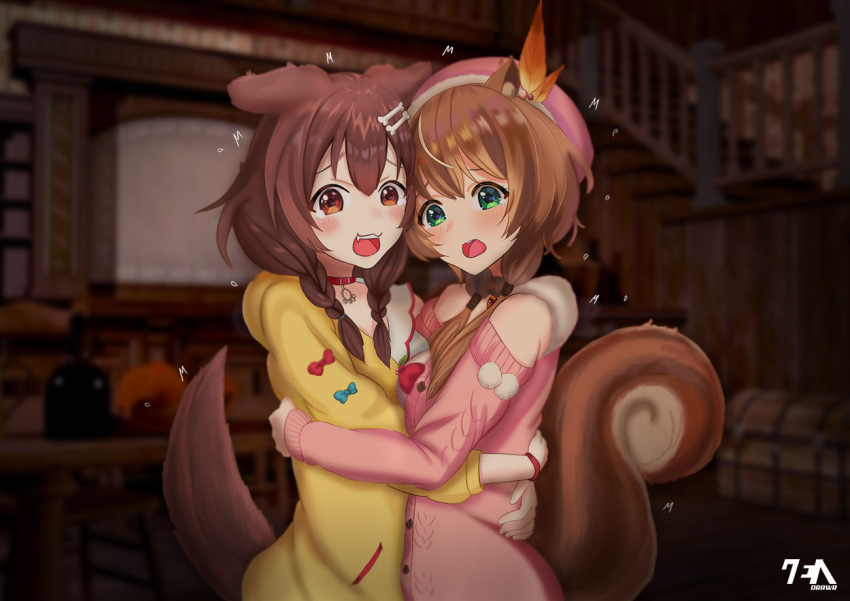 2girls animal_ears ayunda_risu blurry blurry_background brown_eyes brown_hair collar commentary dog_ears dog_tail green_eyes hat hololive hug inugami_korone jacket low_twintails medium_hair multiple_girls open_mouth scared squirrel_ears squirrel_tail tail twintails virtual_youtuber zendrawr