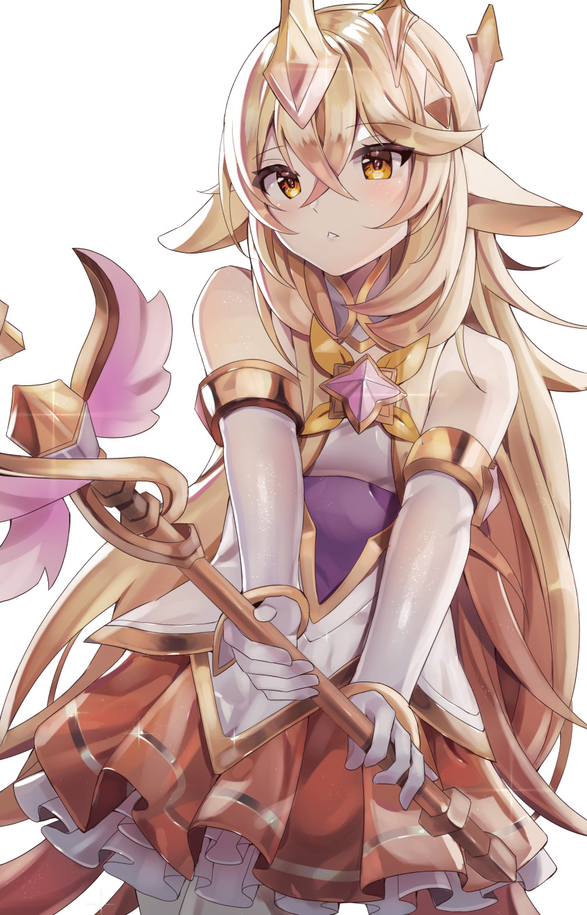 1girl absurdres bangs bare_shoulders blonde_hair cappu crossed_bangs elbow_gloves gloves hair_between_eyes highres holding holding_staff league_of_legends long_hair looking_at_viewer orange_eyes red_skirt simple_background skirt solo soraka staff star_guardian_(league_of_legends) star_guardian_soraka white_background white_gloves