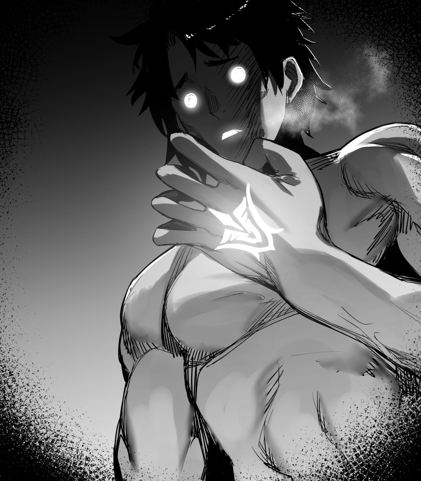 1boy absurdres bangs command_spell fate/grand_order fate_(series) fujimaru_ritsuka_(male) glowing glowing_eyes glowing_tattoo gradient gradient_background greyscale heavy_breathing highres hxd monochrome muscle nude short_hair spiky_hair