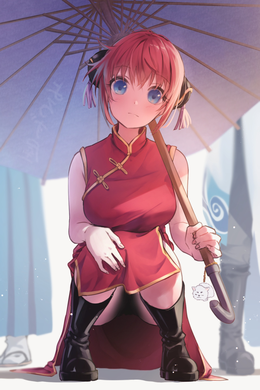 1girl 2others ass bare_shoulders black_footwear black_panties blue_eyes blurry blurry_background blush boots breasts bun_cover china_dress chinese_clothes cloak closed_mouth commentary_request double_bun dress eyebrows_visible_through_hair full_body gintama gold_trim head_tilt highres holding holding_umbrella kagura_(gintama) large_breasts looking_at_viewer multiple_others oil-paper_umbrella panties panty_peek red_dress sandals shadow short_hair shun'ya_(daisharin36) simple_background sleeveless socks squatting standing stuffed_animal stuffed_toy umbrella underwear white_background white_cloak