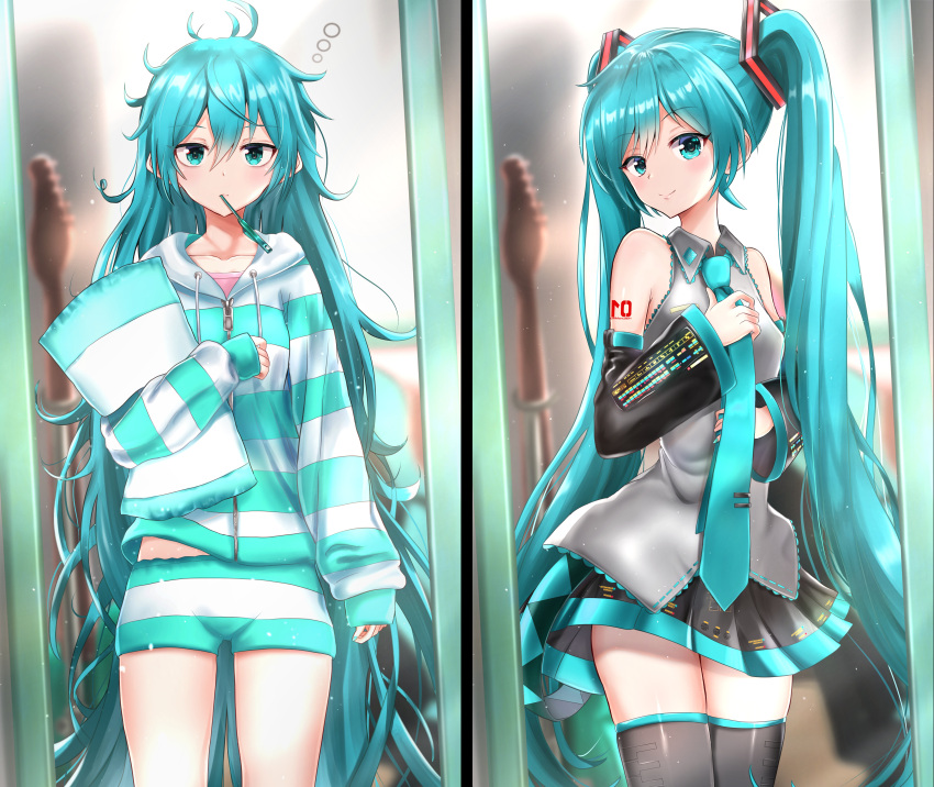 absurdres bare_shoulders black_legwear blue_eyes blue_hair blue_nails blue_neckwear blush breasts cowboy_shot detached_sleeves expressionless grey_shirt guitar hair_between_eyes hand_on_own_chest hand_up hands_up hatsune_miku head_tilt highres holding holding_necktie holding_pillow hood hood_down hooded_pajamas huge_filesize indoors instrument itogari long_hair long_sleeves looking_at_viewer messy_hair miniskirt mouth_hold nail_polish necktie pajamas pillow pleated_skirt shirt skindentation skirt small_breasts smile striped striped_pajamas thigh-highs twintails very_long_hair vocaloid zipper