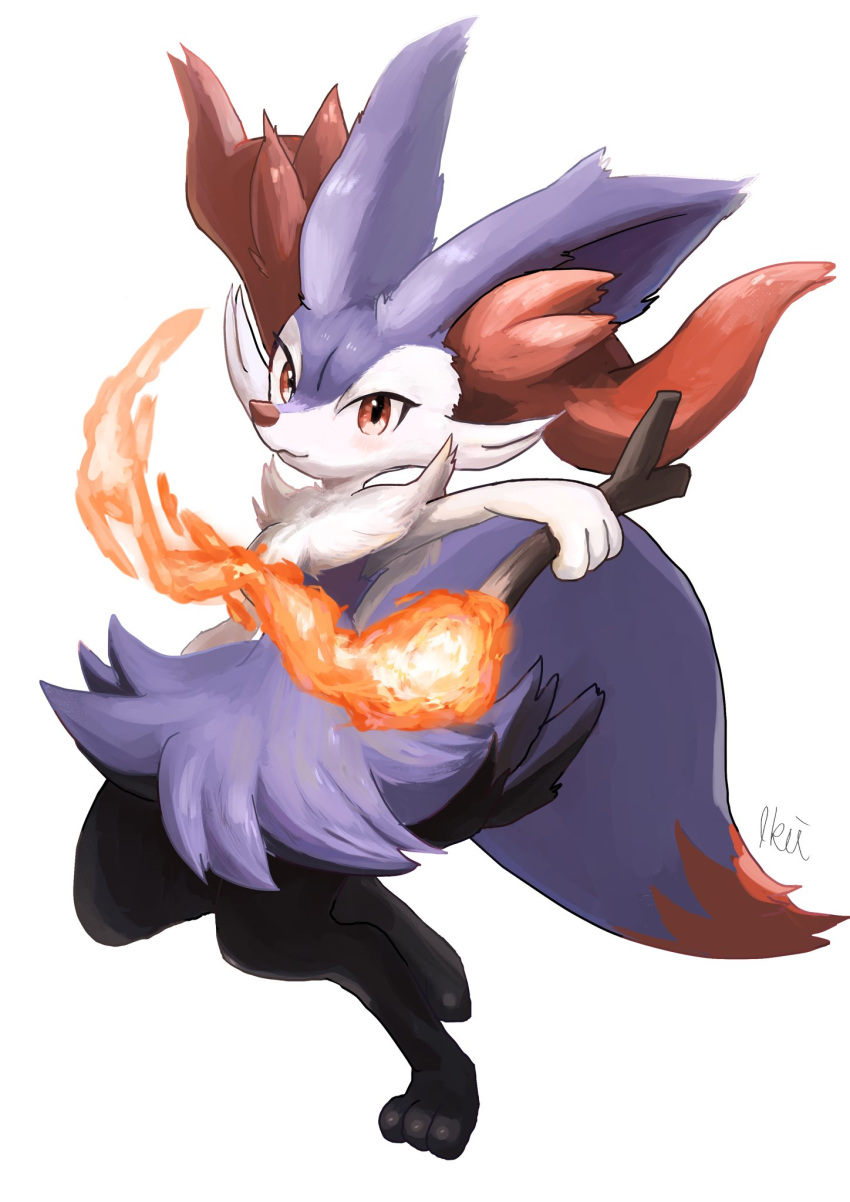 alternate_color blush braixen closed_mouth fire flame full_body gen_6_pokemon hand_up highres holding holding_stick ikei looking_at_viewer pokemon pokemon_(creature) purple_fur shiny_pokemon signature simple_background smile solo stick toes white_background