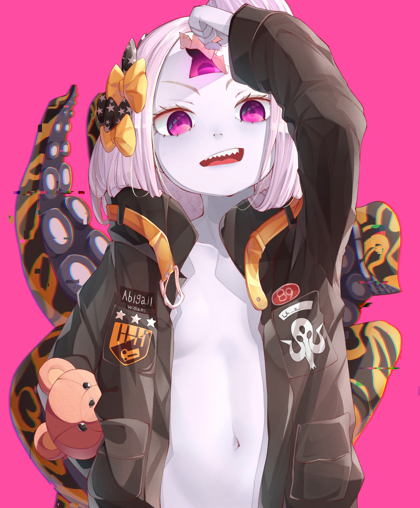 1girl abigail_williams_(fate/grand_order) absurdres bandaid bandaid_on_forehead black_bow black_jacket blush bow breasts crossed_bandaids fate/grand_order fate_(series) forehead grey_hair ha_kang hair_bow hair_bun heroic_spirit_traveling_outfit highres huge_filesize jacket legs long_hair looking_at_viewer multiple_bows multiple_hair_bows navel orange_belt orange_bow small_breasts smile stuffed_animal stuffed_toy tentacles violet_eyes