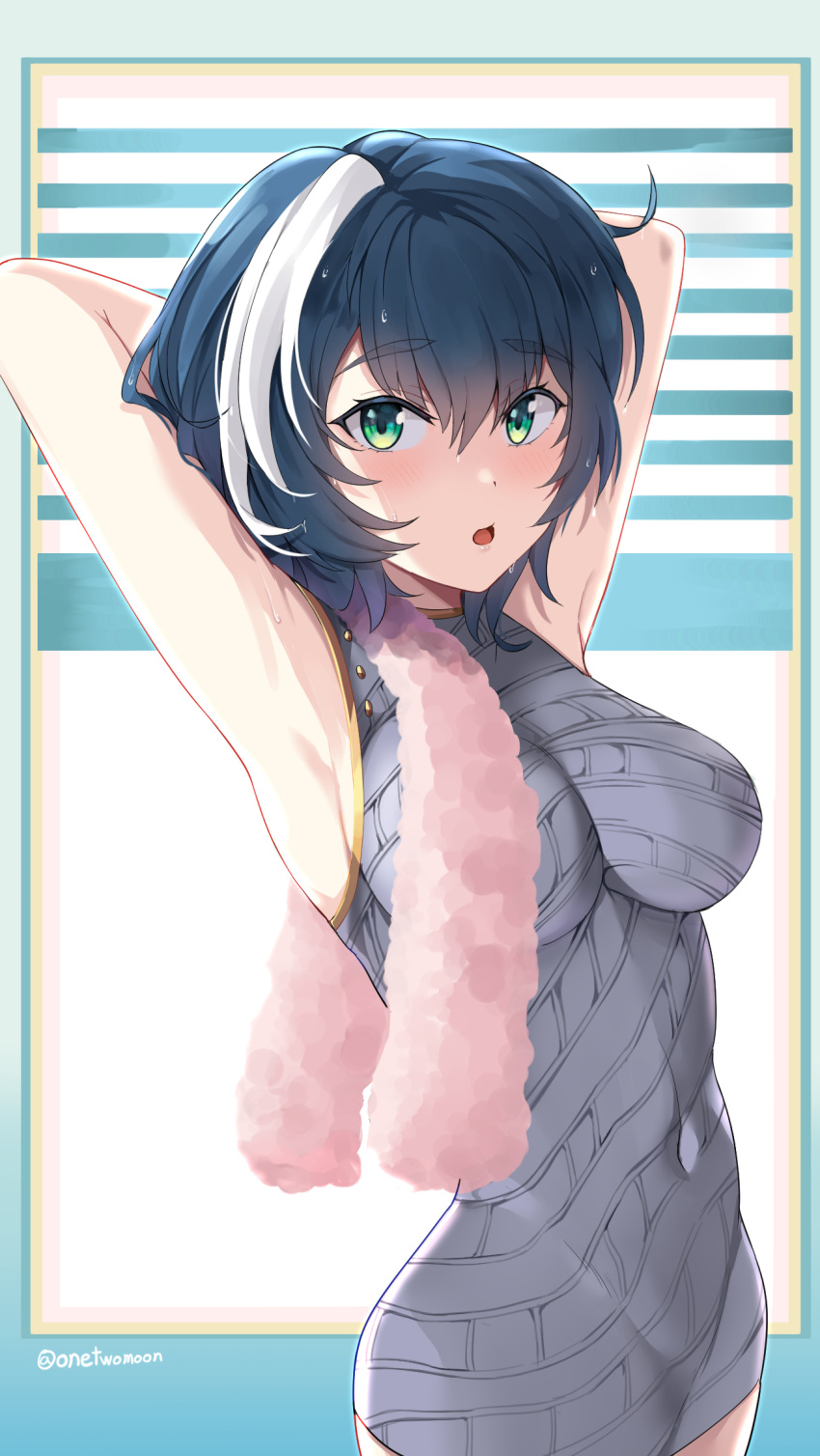 1girl :o armpits arms_behind_head arms_up bangs bare_arms bare_shoulders blue_hair blush breasts cerise_(epic7) covered_navel cowboy_shot dress epic7 eyebrows_visible_through_hair green_eyes grey_dress highres impossible_clothes impossible_dress medium_breasts multicolored multicolored_background multicolored_hair open_mouth patterned_clothing short_dress short_hair solo streaked_hair towel twitter_username two-tone_hair twomoon white_hair