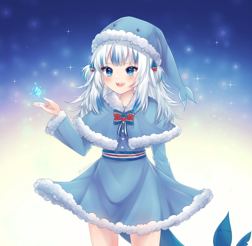 1girl absurdres adapted_costume aeiion artist_name bangs blue_eyes blue_headwear blunt_bangs blush christmas fish_tail gawr_gura hat highres hololive hololive_english open_hand santa_hat shark_tail sharp_teeth smile snowflakes solo tail teeth two_side_up virtual_youtuber