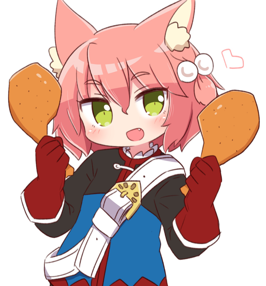 1girl 7th_dragon 7th_dragon_(series) :d animal_ear_fluff animal_ears bangs belt belt_buckle blue_jacket blush buckle cat_ears chicken_leg commentary_request eyebrows_visible_through_hair fang food gloves green_eyes hair_between_eyes hair_bobbles hair_ornament hands_up harukara_(7th_dragon) heart highres holding holding_food jacket long_sleeves looking_at_viewer naga_u one_side_up open_mouth pink_hair red_gloves smile solo upper_body white_belt
