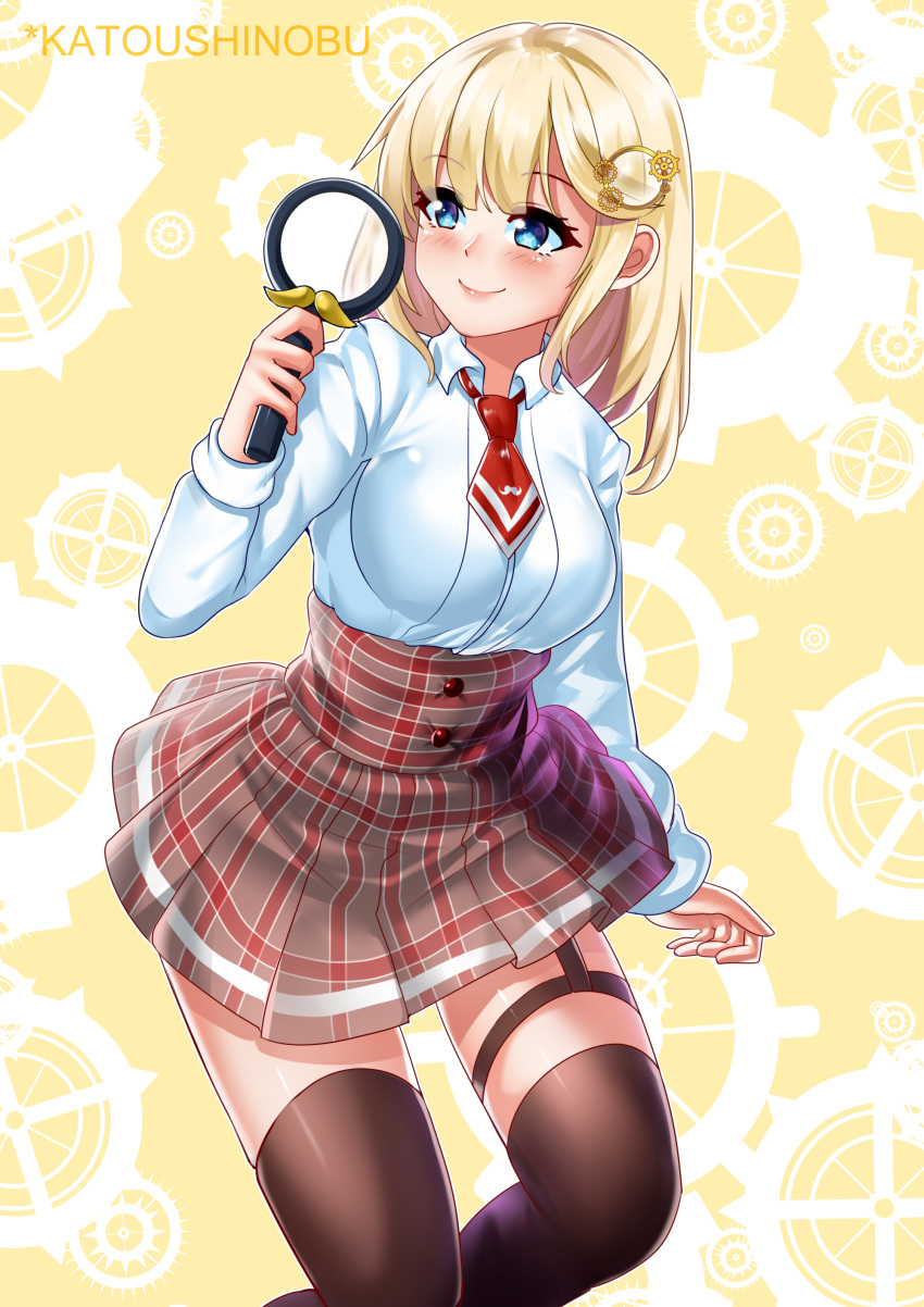 1girl absurdres bangs blonde_hair blue_eyes breasts brown_capelet detective gears hair_ornament highres holding_magnifying_glass hololive hololive_english holomyth katou_shinobu magnifying_glass medium_breasts monocle_hair_ornament necktie plaid plaid_skirt shirt skirt smile solo thigh-highs virtual_youtuber watson_amelia white_shirt