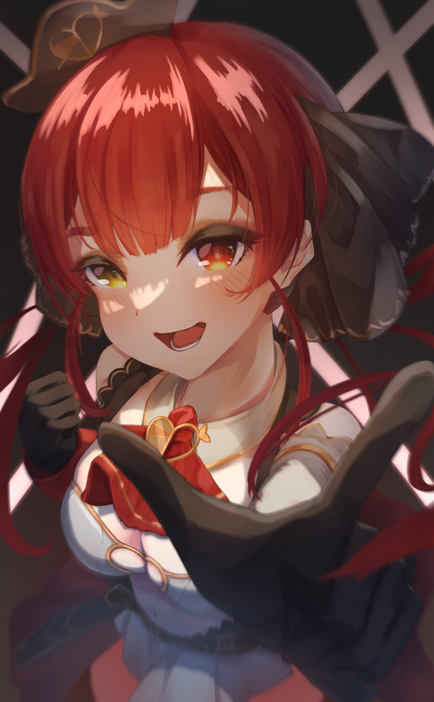 1girl :d absurdres ascot black_gloves black_ribbon blush breasts gloves hair_ribbon hat heterochromia highres hololive houshou_marine idol long_hair looking_at_viewer mini_hat oa_(or_12o) official_alternate_costume pirate_hat pointing pointing_at_viewer red_ascot red_eyes redhead ribbon shirt smile solo twintails virtual_youtuber white_shirt yellow_eyes