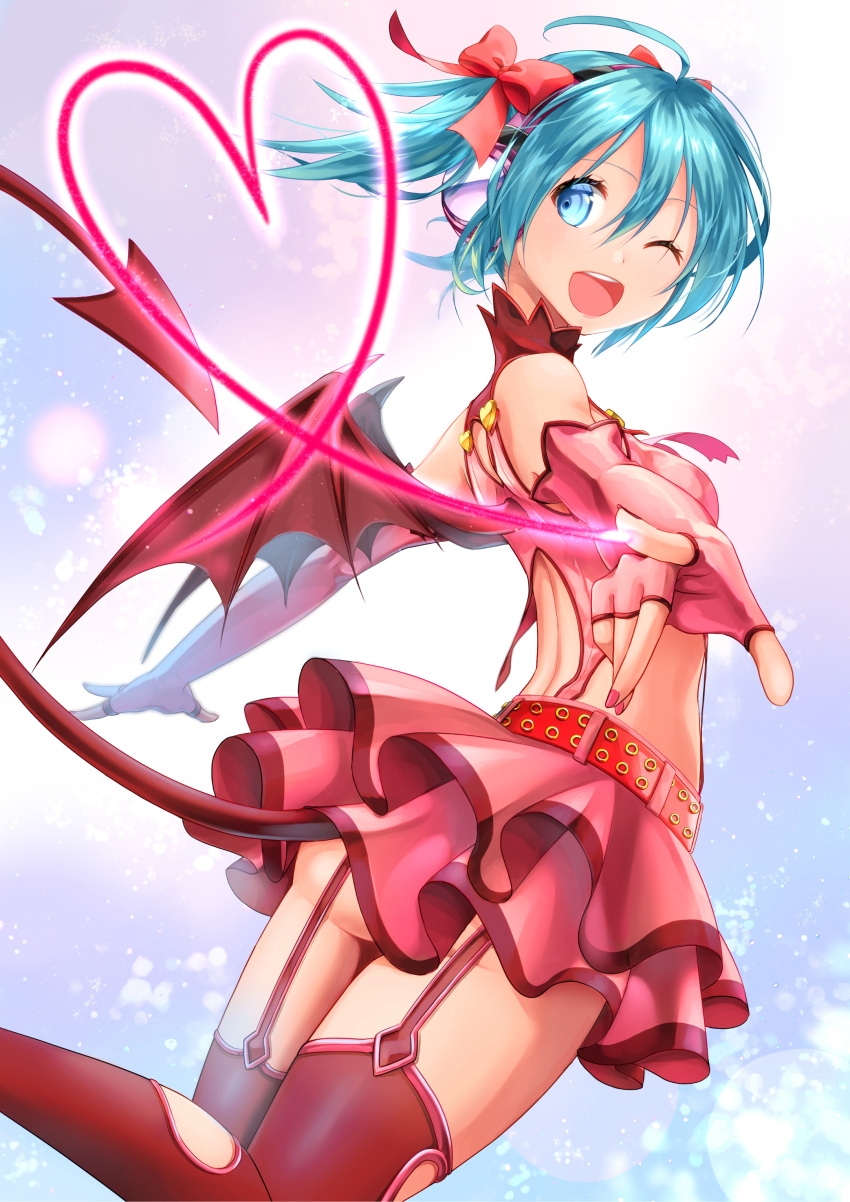 1girl absurdres ahoge aira_(exp) aqua_hair bare_shoulders belt commentary crop_top demon_tail demon_wings elbow_gloves fingerless_gloves from_behind garter_straps gloves hair_ribbon hatsune_miku headphones heart heart_hunter_(module) highres looking_back medium_hair miniskirt nail_polish one_eye_closed outstretched_arms pink_gloves project_diva_(series) red_legwear red_nails red_shirt red_skirt ribbon shirt skirt smile solo tail thigh-highs twintails vocaloid wings