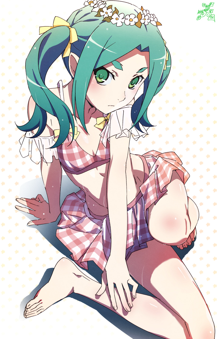 1girl absurdres barefoot blue_hair circlet flower green_eyes hair_flower hair_ornament hair_ribbon highres leaning_back looking_at_viewer monogatari_(series) ononoki_yotsugi pink_swimsuit plaid plaid_swimsuit pointy_ears ribbon sitting skirt swimsuit tsukimonogatari twintails white_background yellow_ribbon