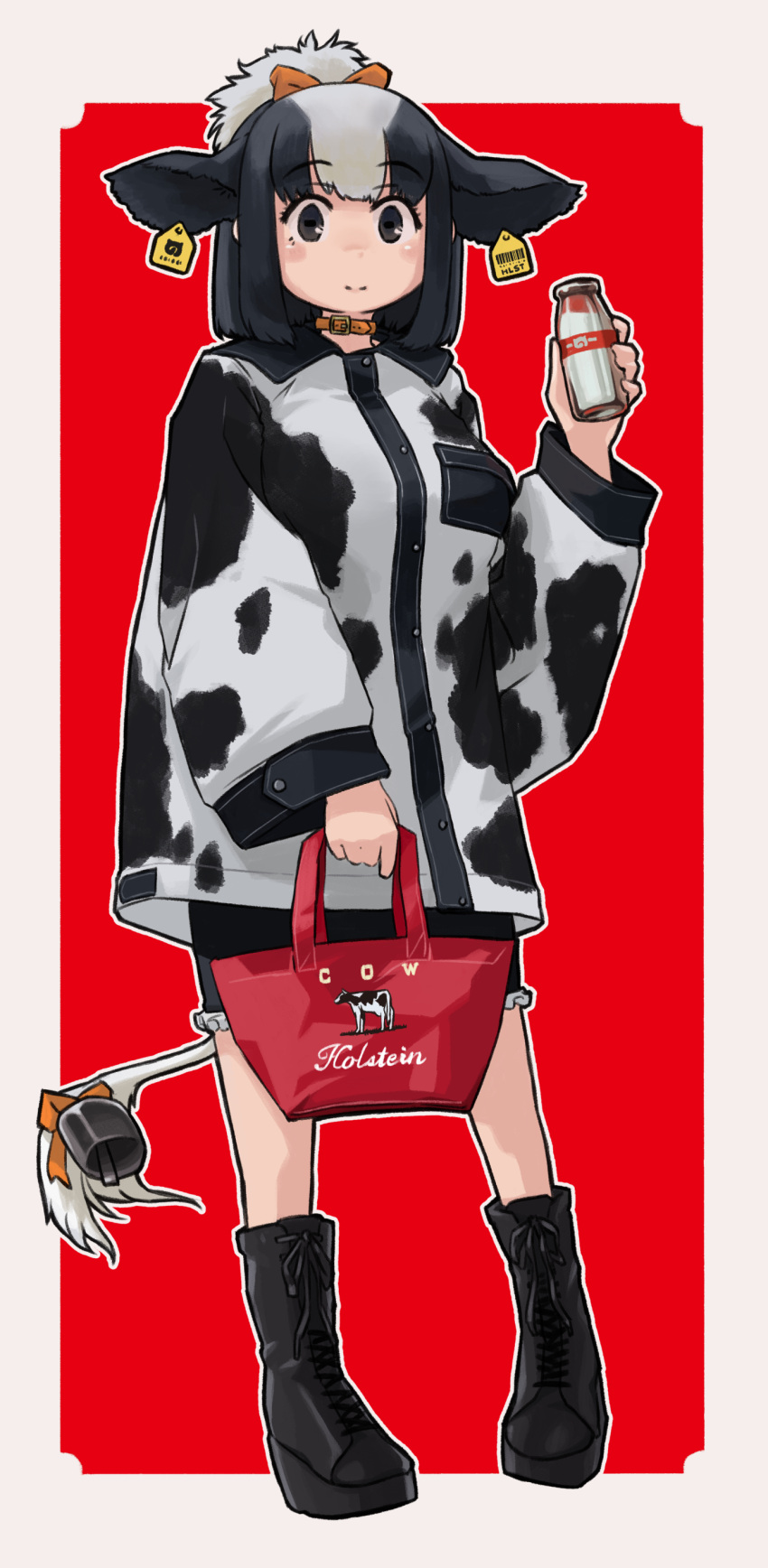 1girl absurdres animal_collar animal_ears animal_print bag bell black_eyes black_hair boots breast_pocket closed_mouth coat collar contemporary cow_ears cow_girl cow_print cow_tail cowbell ear_piercing extra_ears frilled_skirt frills hand_up highres holding holstein_friesian_cattle_(kemono_friends) horizontal_pupils kemono_friends long_sleeves looking_at_viewer medium_hair miniskirt multicolored_hair piercing pocket sidelocks skirt smile solo standing tail toriny two-tone_hair white_hair