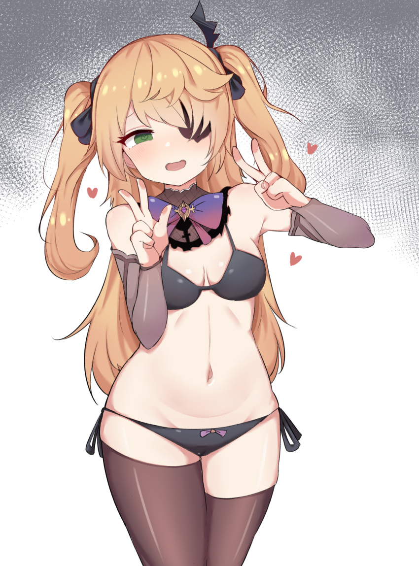 1girl bare_shoulders bikini black_bikini blonde_hair bow bowtie breasts eyepatch fischl_(genshin_impact) genshin_impact green_eyes heart heart-shaped_pupils highres navel open_mouth panties rkwowlqrp side-tie_panties smile solo swimsuit symbol-shaped_pupils thigh-highs twintails underwear v