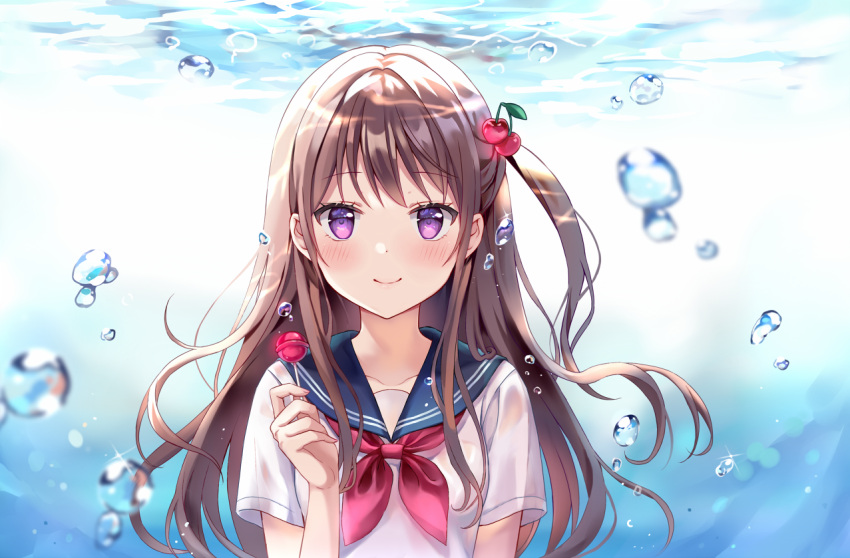brown_hair bubble candy cherry_hair_ornament closed_mouth floating_hair food food_themed_hair_ornament hair_ornament holding holding_candy holding_food holding_lollipop lollipop mayo_(miyusa) original sailor_collar smile through_clothes underwater violet_eyes