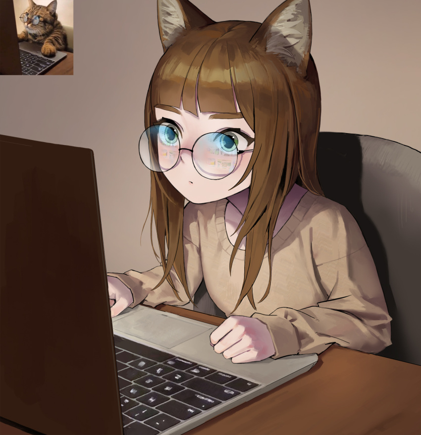 1girl animal_ears bangs blunt_bangs brown_hair cat_ears commentary computer dongho_kang english_commentary glasses highres indoors laptop long_hair long_sleeves looking_at_screen open_mouth original photo-referenced real_life reference_photo_inset round_eyewear sitting solo sweater