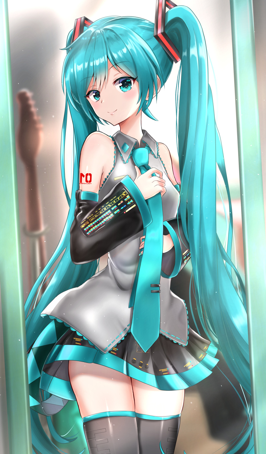 1girl absurdres bare_shoulders black_legwear blue_nails blue_neckwear blush breasts detached_sleeves grey_shirt guitar hair_between_eyes hand_on_own_chest hands_up hatsune_miku head_tilt highres holding_necktie indoors instrument itogari long_hair looking_at_viewer miniskirt nail_polish necktie pleated_skirt shirt skindentation skirt small_breasts smile solo thigh-highs twintails very_long_hair vocaloid