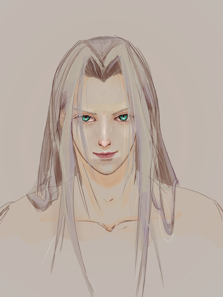1boy aqua_eyes closed_mouth collarbone commentary_request eyelashes face final_fantasy final_fantasy_vii final_fantasy_vii_remake forehead grey_hair hair_intakes hair_over_shoulder highres lips long_hair looking_at_viewer makeup nose pink_lips satan_(sugiu1ver) sephiroth simple_background smile solo upper_body very_long_hair
