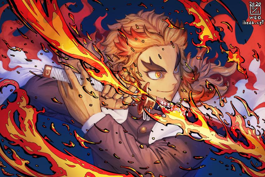 1boy blonde_hair dated fingernails fire flaming_sword flaming_weapon highres holding holding_sword holding_weapon ikeda_(cpt) katana kimetsu_no_yaiba male_focus multicolored multicolored_hair redhead rengoku_kyoujurou signature solo sword upper_body weapon yellow_eyes
