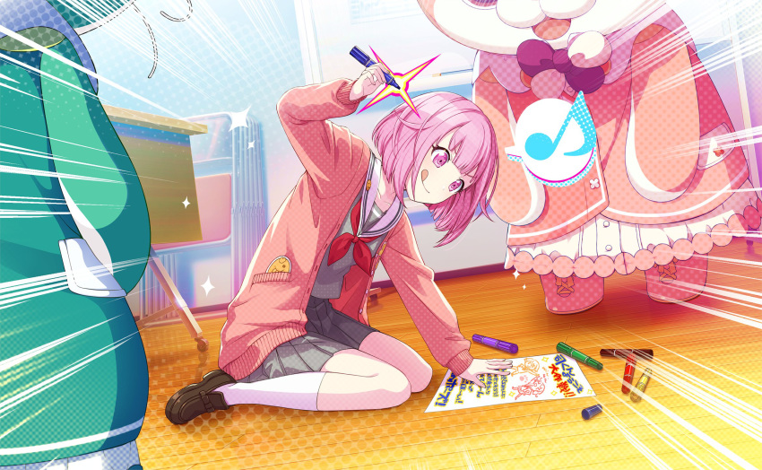 1girl blush holding_marker jacket marker musical_note official_art ootori_emu paper pink_eyes pink_hair project_sekai school_uniform short_hair solo sparkle