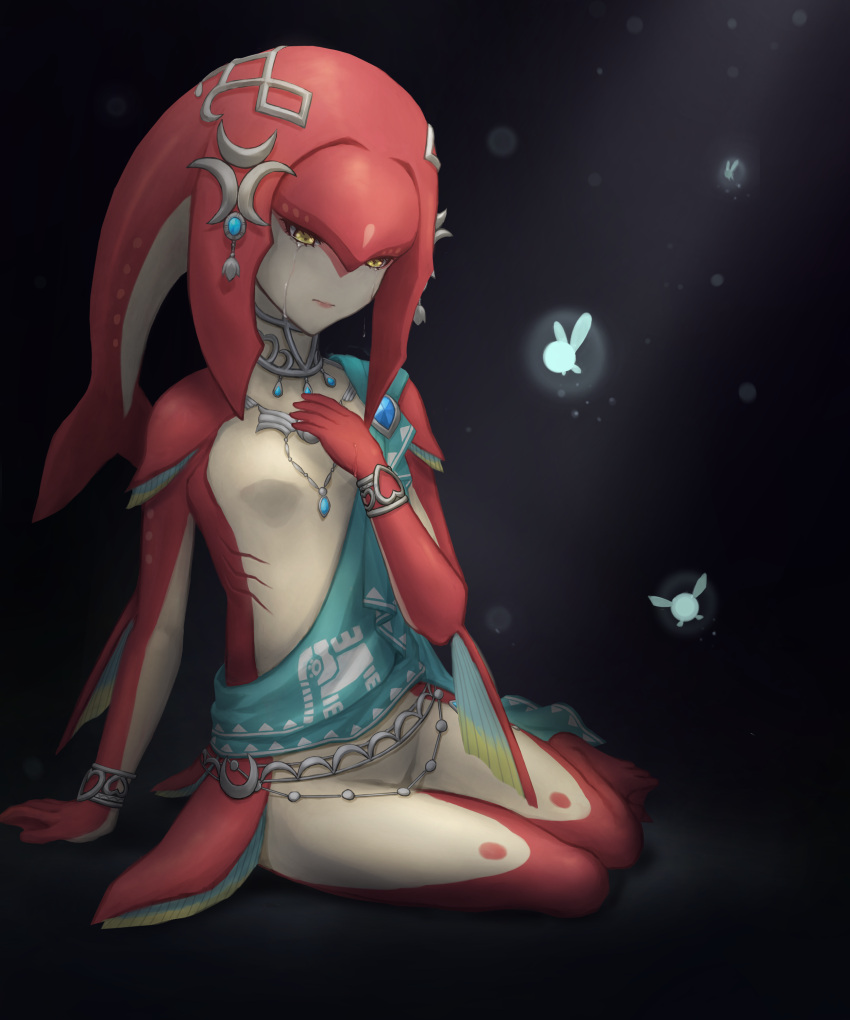 1girl absurdres anklet arm_support bare_shoulders barefoot bracelet breasts bug butterfly closed_mouth colored_skin commentary_request fairy fins fish_girl full_body gem hair_ornament hand_on_own_chest hand_up highres insect jewelry long_hair looking_at_viewer marimo_(marimo2468) mipha monster_girl multicolored multicolored_skin necklace no_eyebrows pointy_ears red_skin redhead sitting small_breasts smile solo tears the_legend_of_zelda the_legend_of_zelda:_breath_of_the_wild yellow_eyes yokozuwari zora